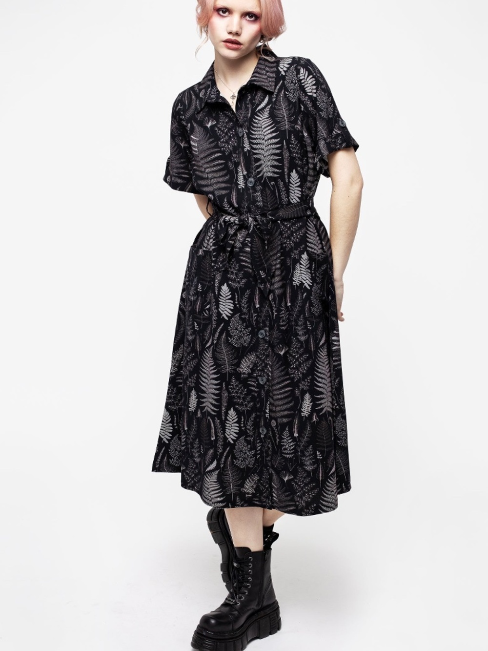 Maidenhair Midi Short Sleeve Shirt Dress - 10 Tall - fern frond illustrations